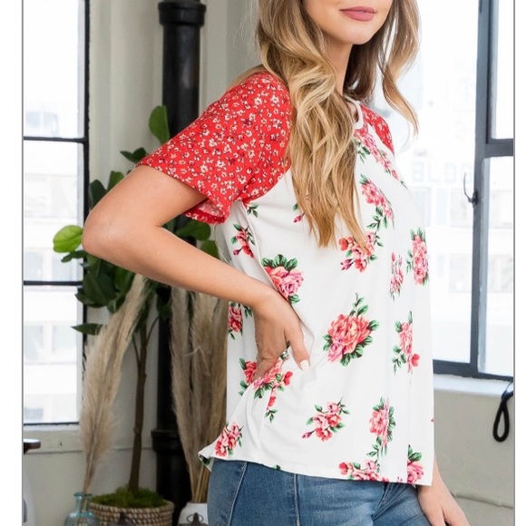 IVORY-PINK/CHERRY red -WINE red + white ROUND NECK FLORAL CONTRAST RAGLAN TOP - Picture 13 of 16